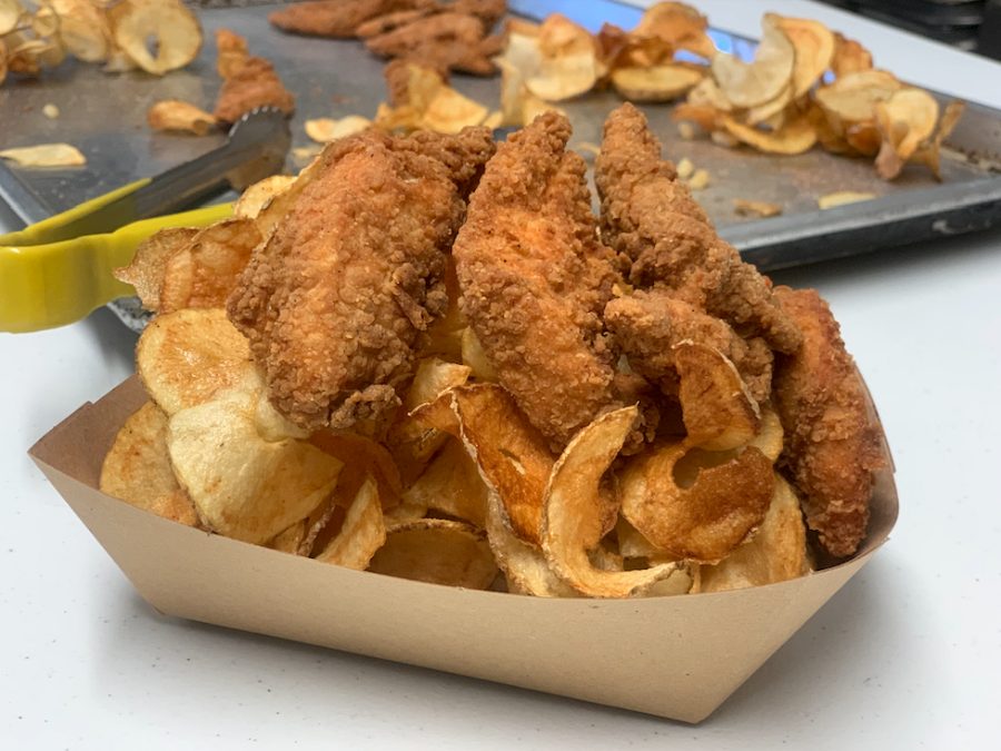 Chicken tenders and ribbon fries